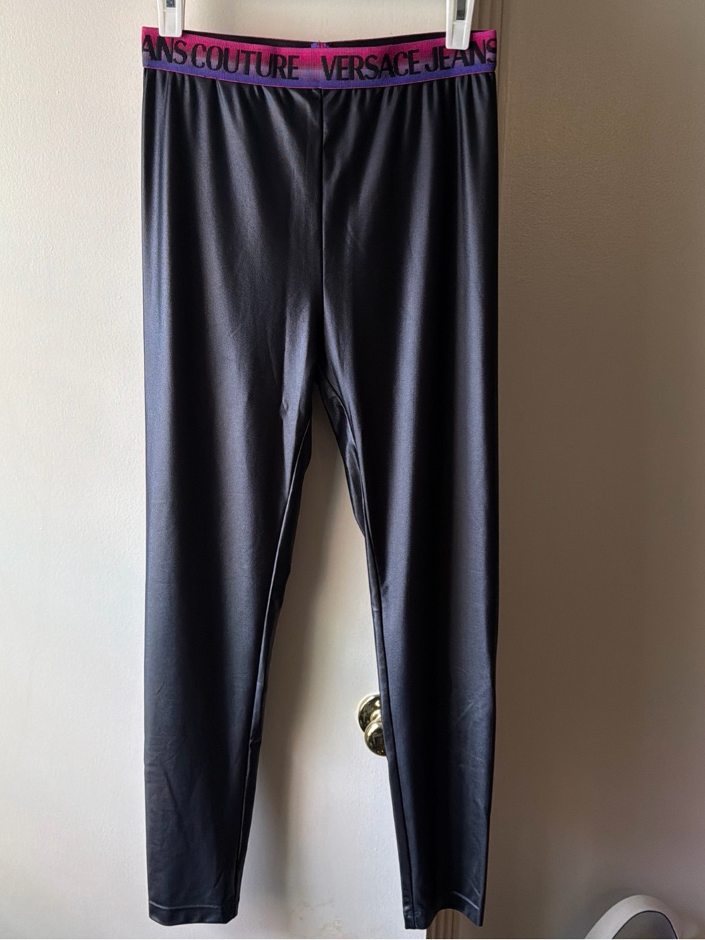 Versace Jeans Couture Shiny Black Leggings Womens Size 6 IT 42 High Waisted Logo